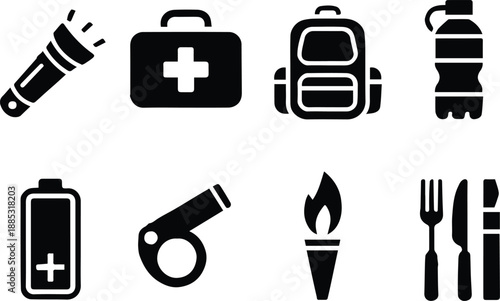 survival icons emergency kit water bottle battery whistle torch utensils camping hiking outdoors