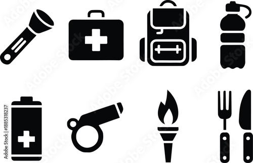 survival icons emergency kit essentials flashlight first aid backpack water bottle battery whistle torch utensils