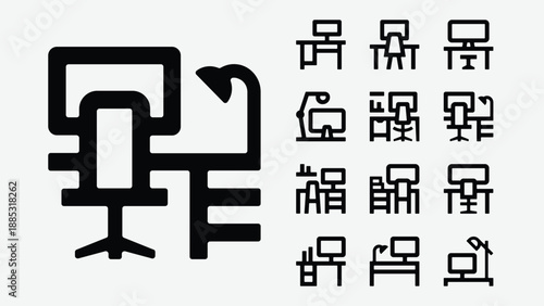 Workplace desks and office furniture icons set