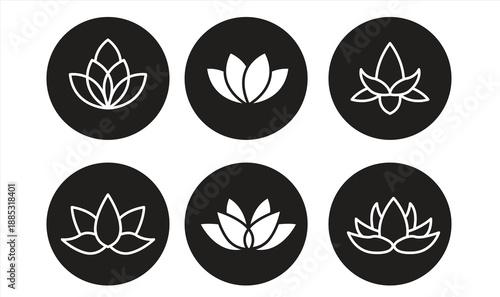 Collection of lotus flower icons in flat style, inside a circle, isolated on a white background, Vector Illustration

