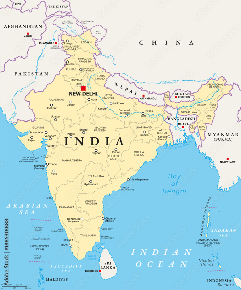 Obraz premium Republic of India, political map with states and union territories, capital New Delhi, and largest cities. Administrative divisions of India, a federal union comprising 36 subnational entities. Vector
