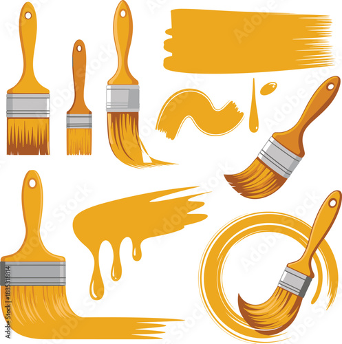 Paint brush strokes collection with yellow acrylic paint splashes, artistic brush set illustration, creative design elements, flat vector isolated on white background