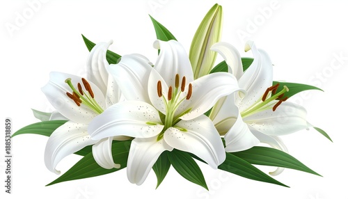 Digital depiction of a cluster of white lily blossoms and green foliage, on a transparent background