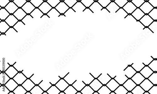 Chain-link fence with jagged hole in center, symbolizing escape or breach. Diamond-patterned metal wires on white background. Conceptual image for security, freedom, or boundaries.