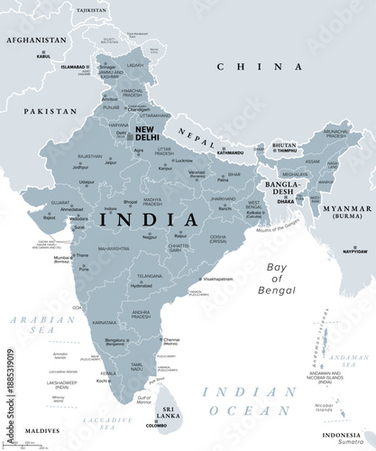 Republic of India, gray political map, with states, union territories, capital New Delhi, and with largest cities. Administrative divisions of India, a federal union of 36 subnational entities. Vector