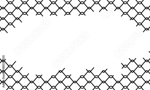 Chain-link fence with jagged hole in center, symbolizing escape or breach. Diamond-patterned metal wires on white background. Conceptual image for security, freedom, or boundaries.