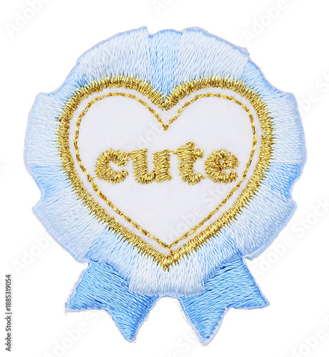 Cute Heart Shaped Light Blue Rosette Embroidery Patch with Gold Text Isolated on White Background