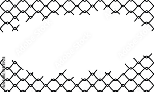 Chain-link fence with jagged hole in center, symbolizing escape or breach. Diamond-patterned metal wires on white background. Conceptual image for security, freedom, or boundaries.