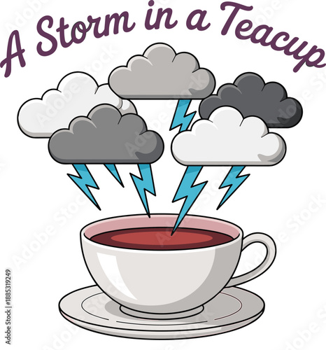 Storm in a teacup concept illustration with thunder clouds and lightning over coffee cup, metaphor for exaggerated problem, humor symbolism, modern flat vector design
