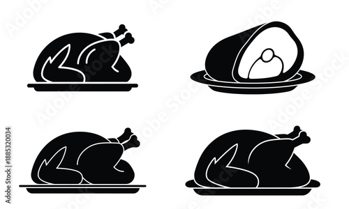 Roasted turkey and ham silhouettes on plates for traditional thanksgiving and christmas dinner meals