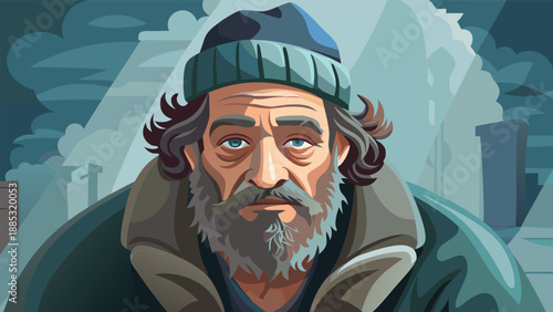 A stylized, bold digital portrait of an older man with a rugged beard and intense expression. The illustration has sharp geometric lines, giving it a modern and artistic feel with earthy tones