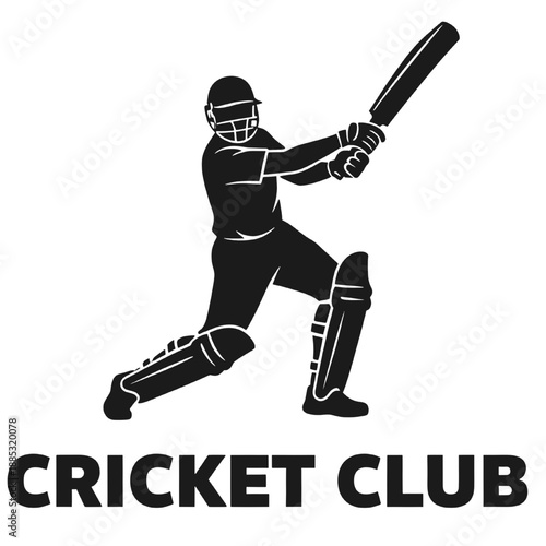 Minimalist cricket club logo with batsman silhouette hitting a shot.