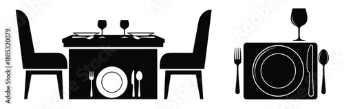 Dining table and place setting black silhouette vector icons, ready to use, suitable for restaurants and celebrations