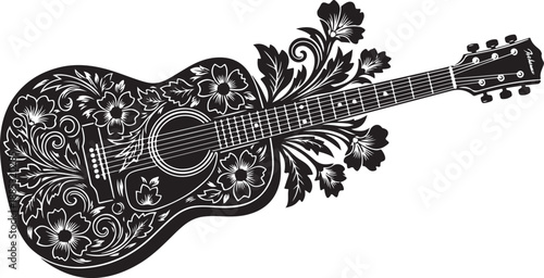Floral Acoustic Guitar Silhouette with Decorative Nature Elements