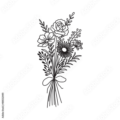 Flower bouquet vector. Hand drawn flower. Wildflower line art bouquets, wild plant, botanical vector illustration	