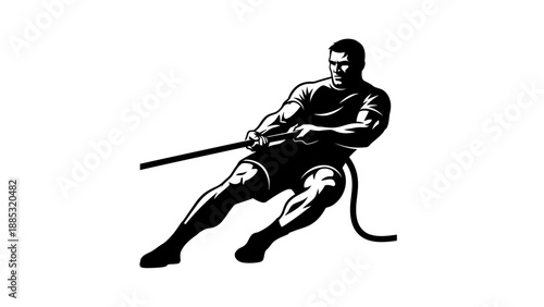Man Rowing Boat with Oars Vigorously.