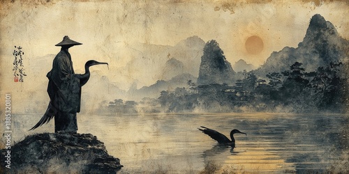 Stylized illustration of black bird with fish in beak sitting in wooden boat against red sun and calligraphy. Generative by AI.