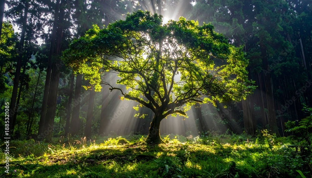 Obraz premium Forest clearing with sunlight streaming through a large, leafy tree