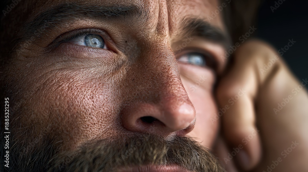 Obraz premium Close up of a man's face with intense blue eyes and beard
