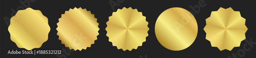Gold sticker, template, mockup, award, label. Round shiny smooth metal emblem. Medal oval element with uneven wavy zigzag edge. Star shape isolated on black background. Vector EPS10 