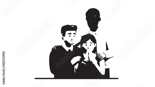Three People Silhouette Group Engaged with a Mobile Phone in a Minimalist Black and White Composition.