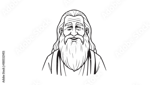 Stylized line drawing of an elderly bearded man with a calm, contemplative expression.