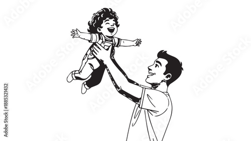 Joyful father lifts smiling child high in playful moment.