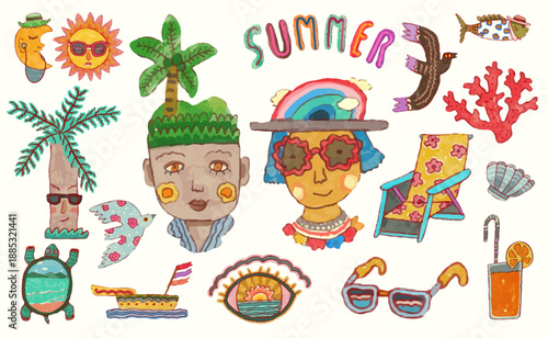 Summer, sea and beach concept. watercolor vector illustration.	