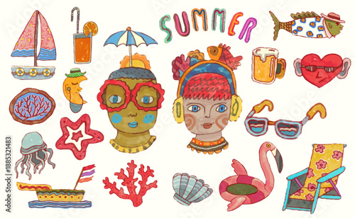 Summer, sea and beach concept. watercolor vector illustration.	