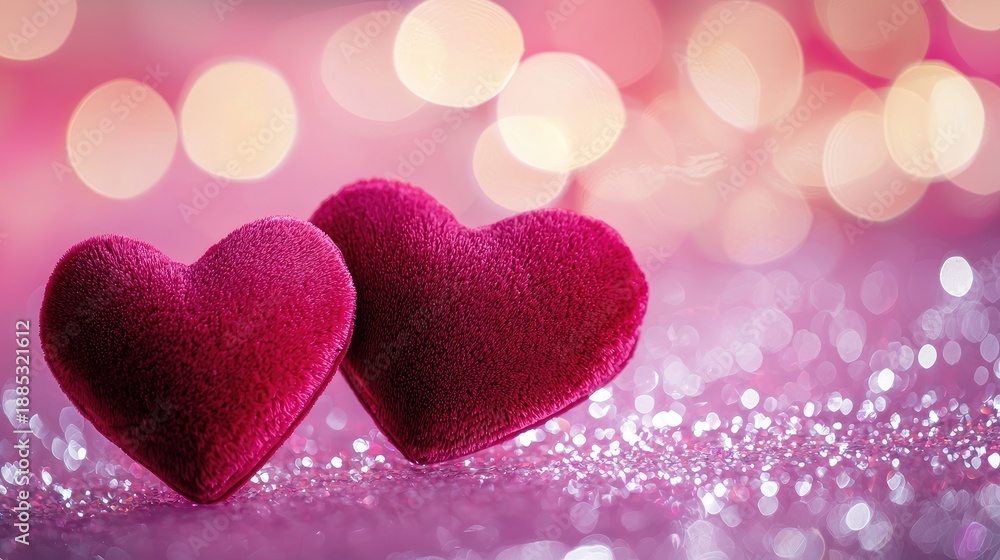 Fototapeta premium Two Plush Hearts on Sparkling Background with Bokeh Effect