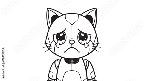 Sad Cartoon Cat Character with Harness and Teary Eye Expression.