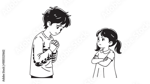 Two Children Standing Face to Face in a Thoughtful, Serious Conversation.