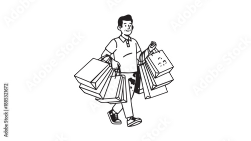 Illustration of a man carrying multiple shopping bags after shopping trip in a cartoon style.