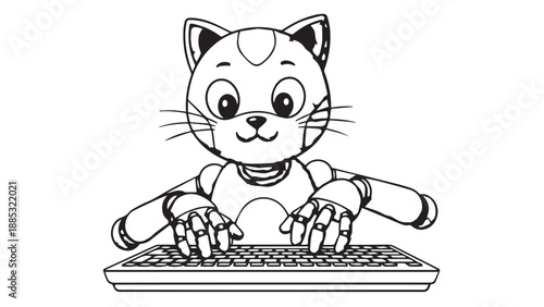 Playful cartoon cat typing at a computer keyboard in a desk setup for a whimsical tech illustration.