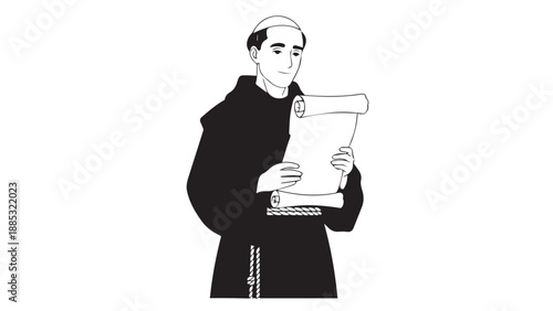 Religious figure reading scroll in monochrome illustration and study of devotion.