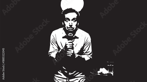 Monochrome silhouette of a man in prayer with halo-like glow above head.