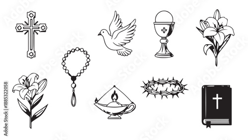 Collection of Christian religious symbols including cross, dove, rosary, chalice and Bible with floral motifs.