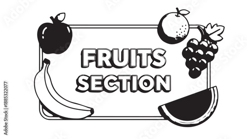 Cartoon Fruits Section Signboard Featuring Banana Apple Grapes and Watermelon.