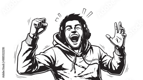 Energetic cheering individual celebrating victory with raised fists in a bold monochrome illustration.