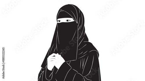 Illustration of a veiled woman in a black niqab, conveying modest cultural attire and identity.