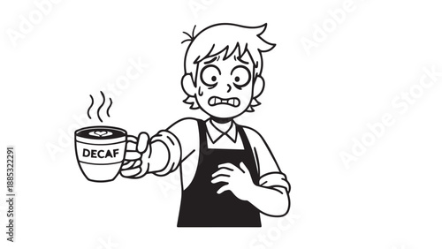 Cartoon illustration of a barista with a worried expression holding a decaf cup.