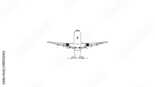 Front view of a commercial airplane against a plain white background showing symmetry and aircraft features.
