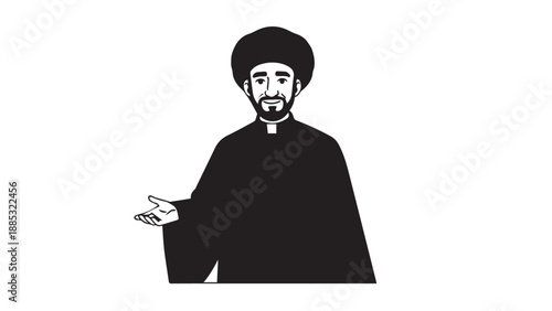 Illustrated portrait of a traditional religious figure in black robes and turban.