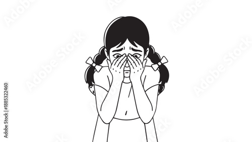 Illustration of a young girl covering her face in sorrow and distress.
