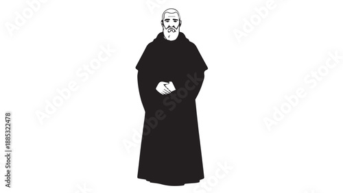 Serene silhouette of a monk in a long black robe standing with hands clasped in quiet contemplation.