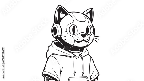 A playful cartoon cat wearing a hoodie, illustrated with bold lines and friendly expression.