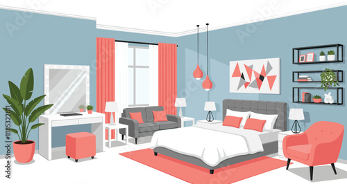 Modern bedroom interior design vector illustration with coral furniture teal walls vanity mirror bed sofa and home decor