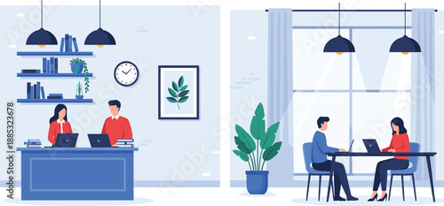 Modern office interior illustration with employees working on laptops at desks in a professional collaborative corporate workspace