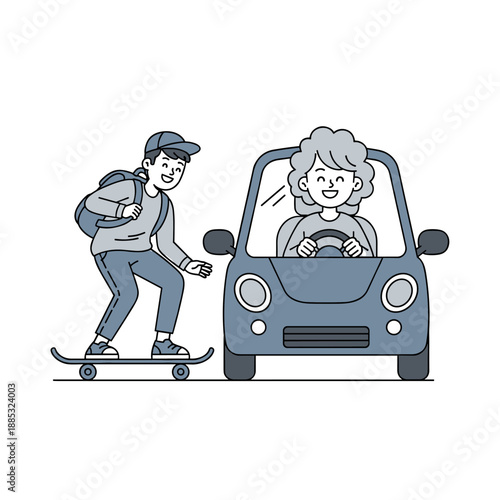 Cartoon vector illustration of a man driving a car on the road for transportation fun