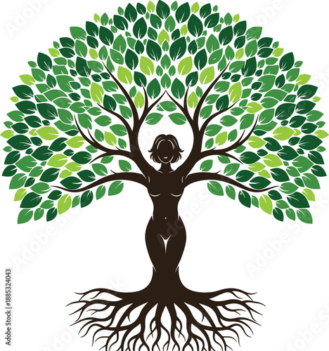 Professional vector illustration of a female silhouette tree goddess with a lush green leaf canopy and detailed roots.